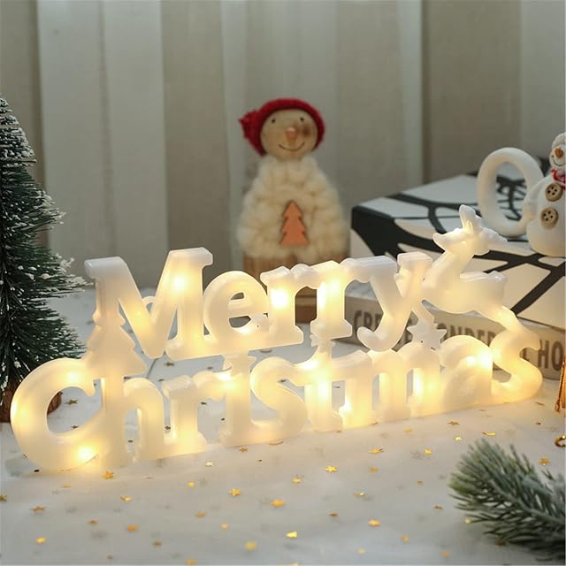 JeffMVP Merry Christmas Welcome Sign Light, Light Up LED Letters Lights, Neon Letters Night Lights Battery Operated for Wall Window Birthday Party Xmas Tree Wedding Decoration, White
