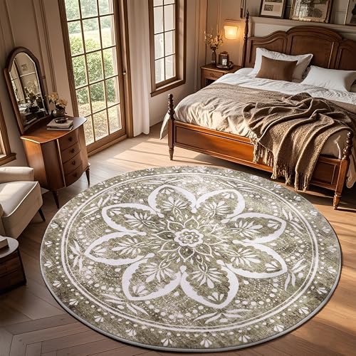 Image of Carvapet Vintage 72 inch Round Rugs - Washable Non-SlipCircle Rug with Rubber Backing Foldable Low Pile Design for Living Room Bedroom, 6 ft Brown Rug