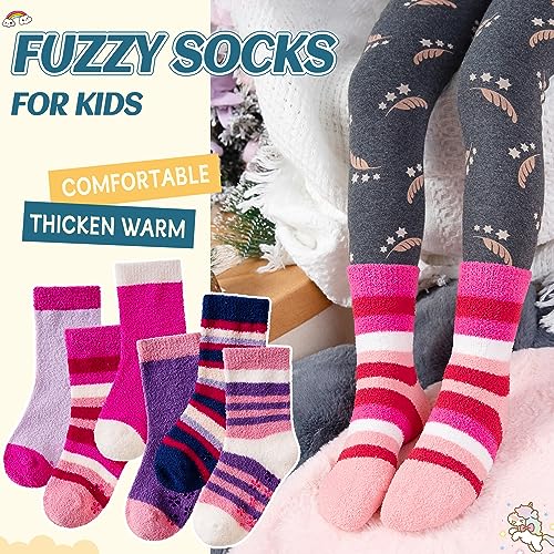 Image of Eyean Kids Fuzzy Socks Non Slip Soft Fluffy Slipper Grips Socks Warm Plush Cozy Cabin Boy Girls Crew Socks 6 Pairs