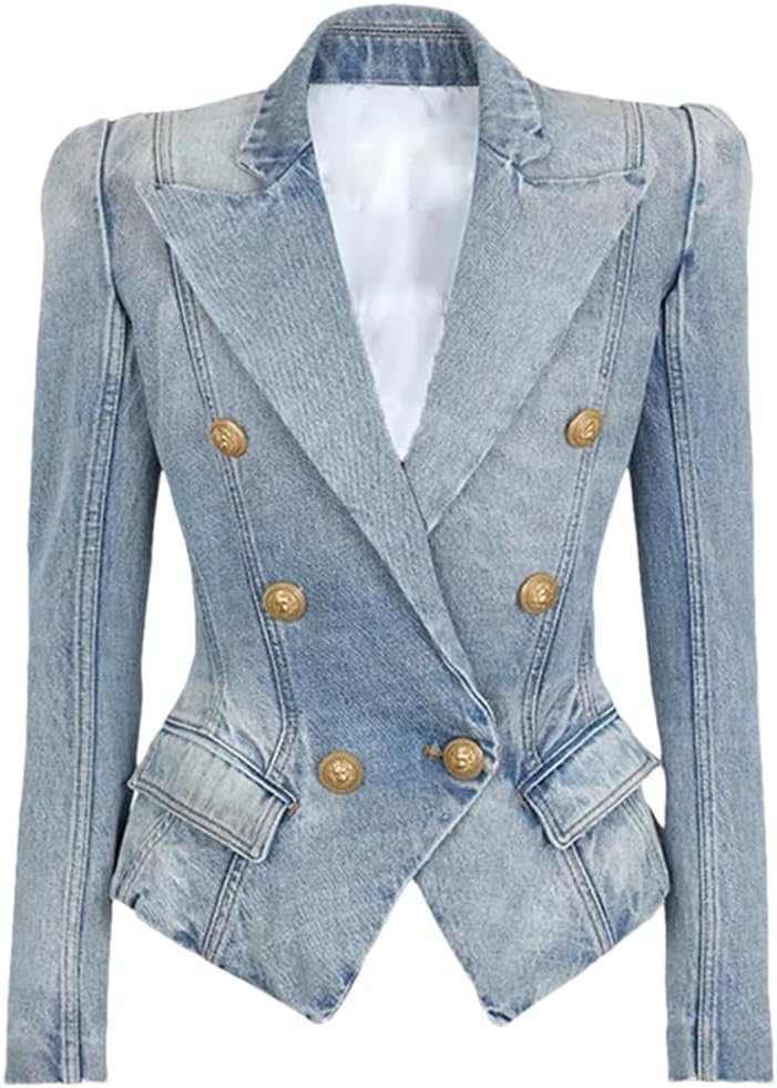 Women Notched Washed Denim Outwear Jackets Double Breasted Slim Short Casual Blazer