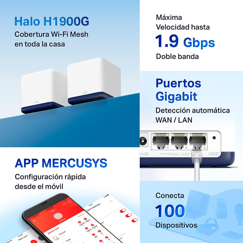Mercusys HALO H1900G - AC1900 Mesh Wi-Fi, Doble Banda, Cobertura hasta 550 m², 3× Gigabit Puerto por Unidad, MU-MIMO, Beamforming, Control Parental, Smart Connect, 3-Pack