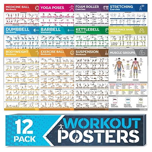 [12-PACK] Laminated Large Workout Poster Set - Perfect Workout Posters for Home Gym - Exercise Charts Incl. Dumbbell, Yoga Poses, Resistance Band, Kettlebell, Stretching & More Fitness Gym Posters