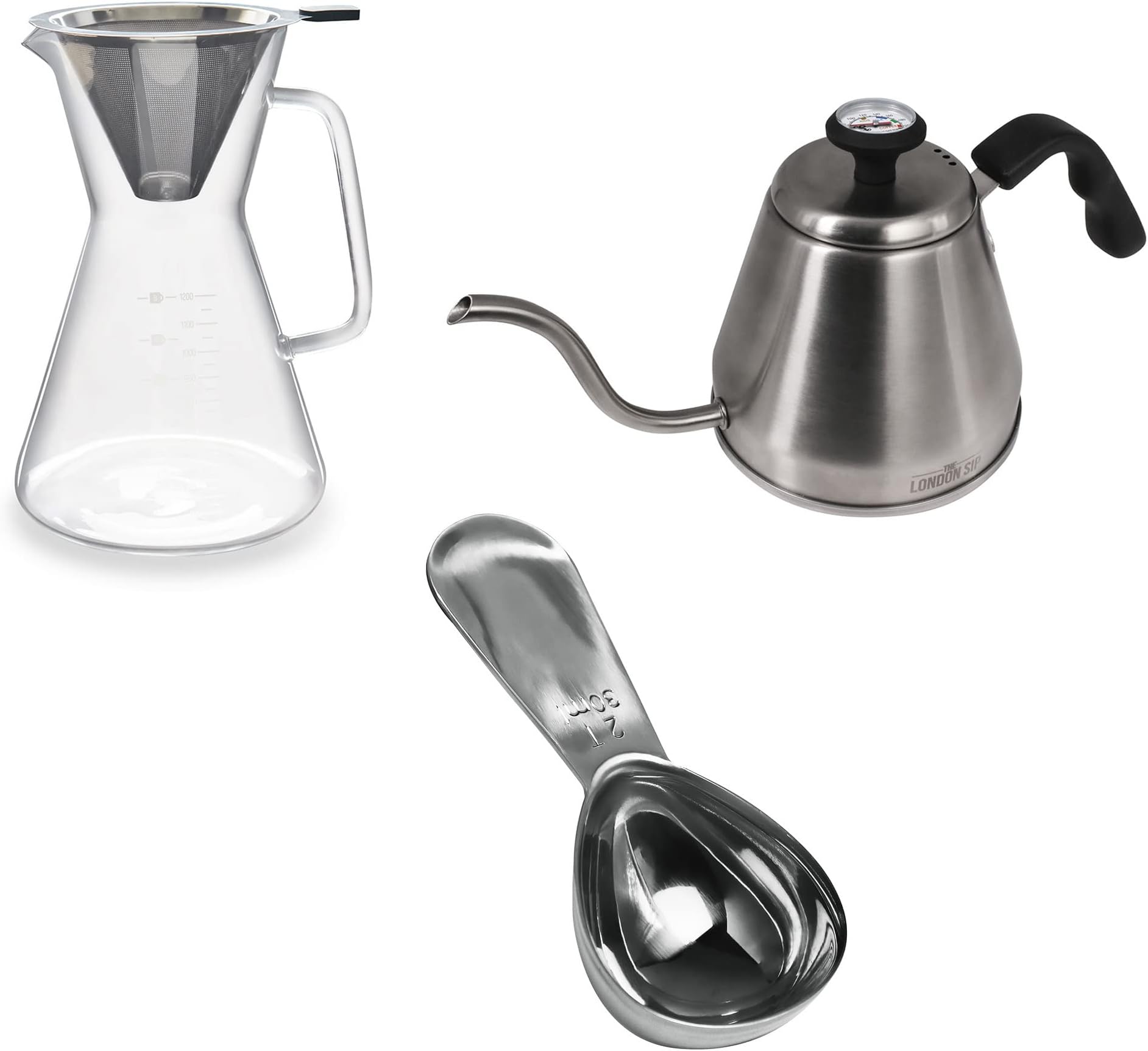 The London SipPour Over Coffee Maker Set, Includes Stainless Steel Gooseneck Kettle, 1200ml Glass Carafe with Reusable Stainless Steel Filter, and 2 Tablespoon Coffee Scoop