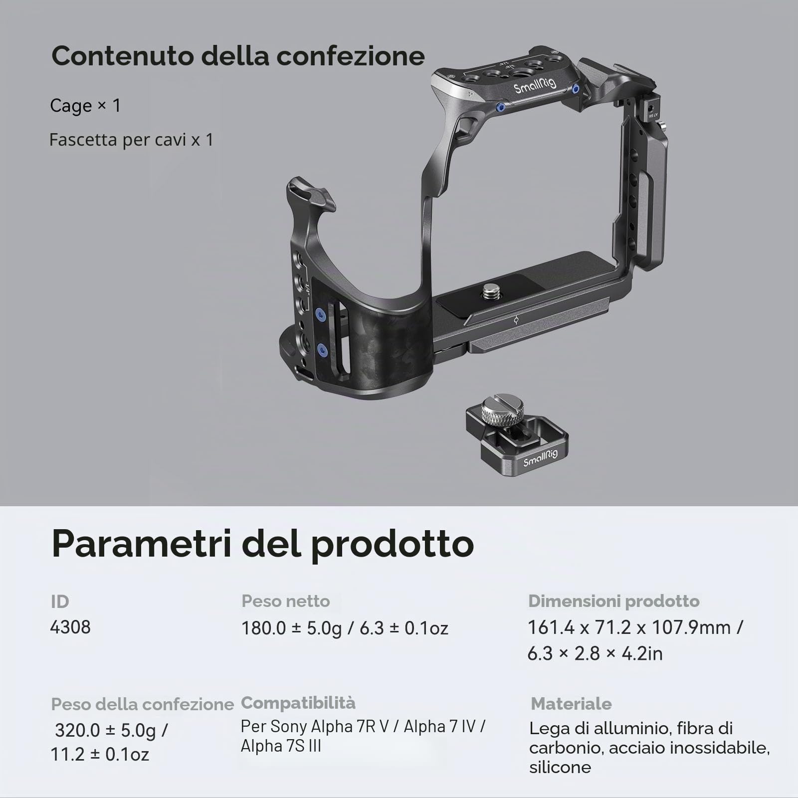 SMALLRIG A7 IV A7SIII A7R V Cage Kit "Rhinoceros" Kit per Sony Alpha 7R V/Alpha 7 IV/Alpha 7S III, Gabbia Completa con Fermacavo, Piastra a Sgancio Rapido Integrata per Arca-Swiss - 4308