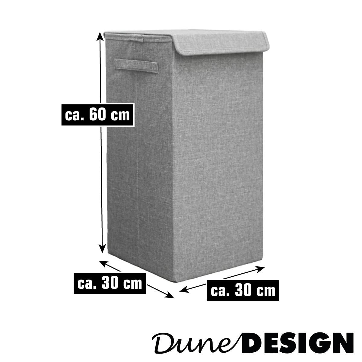 DuneDesign Kosz na pranie z pokrywką, 50 l, 30 x 30 x 60 cm, szary, ze stabilną ramą drewnianą, składany pojemnik na pranie do łazienki i sypialni, wąski kosz na pranie z pokrywką