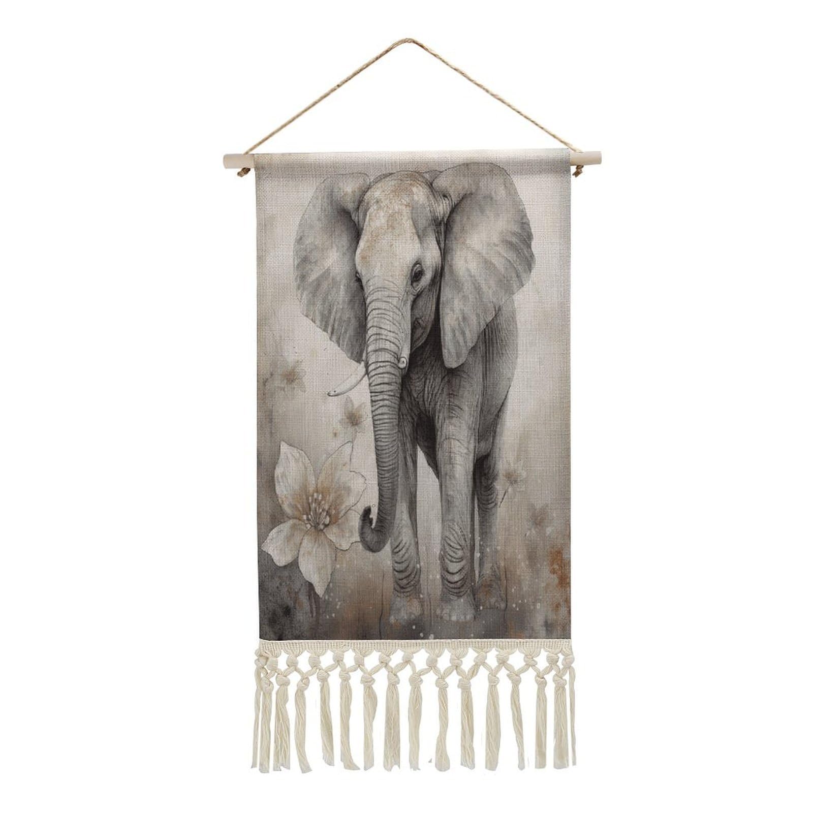 FekiLoot Animals Cute Elephant Wall Art Poster Hanger Frame Vertical Tassel Tapestry Cotton Linen Hanging Poster Decorative Wall Art Prints Vintage Wall Art Decor for Home Bedroom Living Room Office
