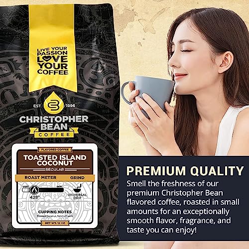 Christopher Bean Coffee Decaf Coffee Ground - Toasted Island Coconut Flavored Coffee, Decaffeinated Coffee W/Non-Gmo Flavoring, Arabica Coffee Beans, Makes 30 Cups, Non-Dairy & Sugar-Free, 12 Oz #TOP4