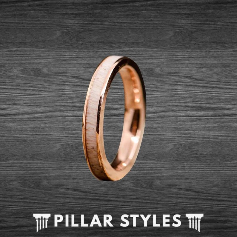 18K Rose Gold Ring Deer Antler Wedding Bands for Men and Women 4mm Tungsten Rings with Antler Inlay Stag Couples Set Thin Rustic Anniversary Gifts for Him