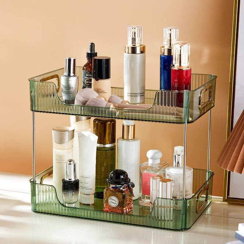 CESTATIVO Badkamer Counter Organizer, 2-laags Opbergbakje, Cosmetische Make- up Opbergplank, Badkamer Huidverzorgings Organizer Counterplank, Helder