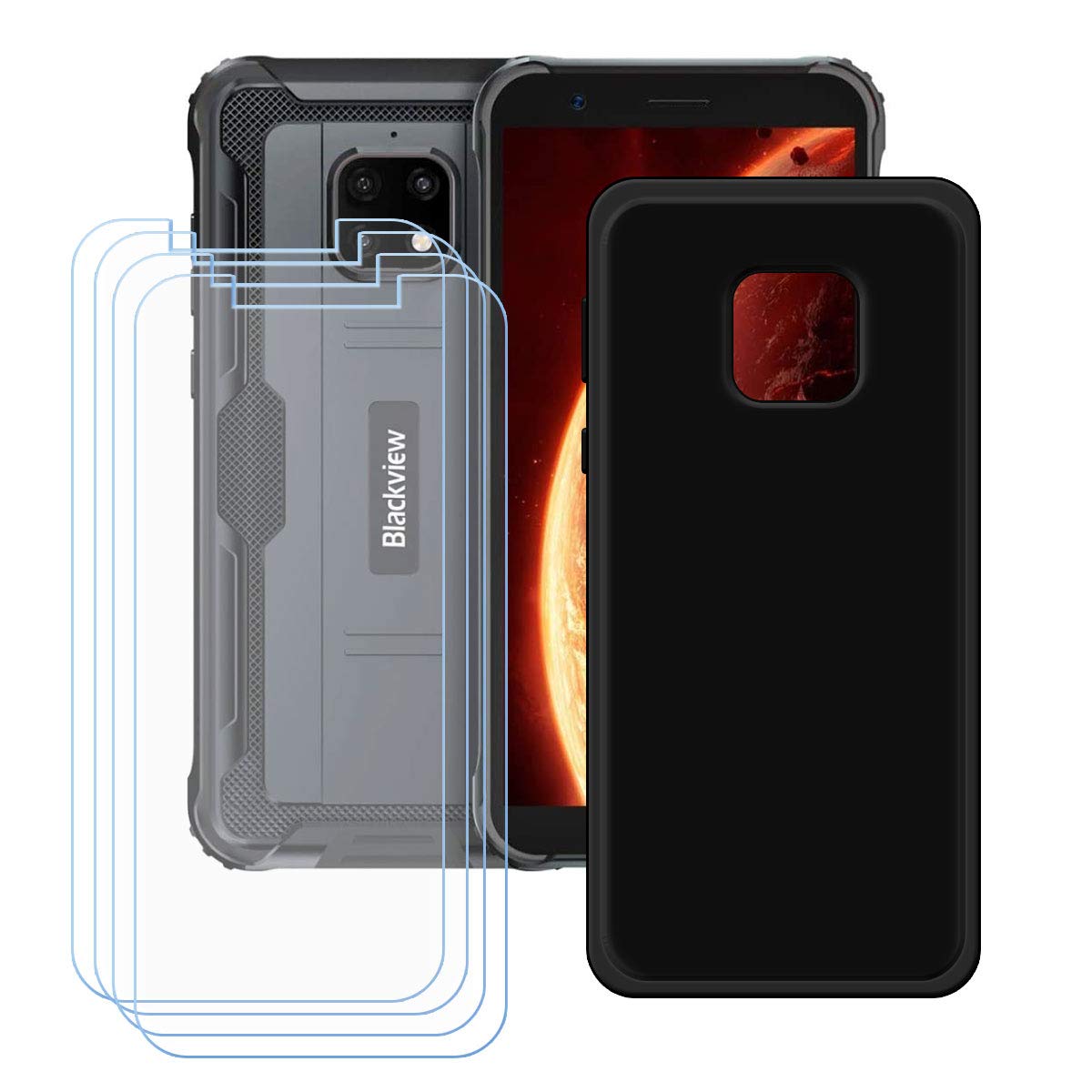 TTJ Custodia per Blackview BV4900 (5,7) + Protezione per Schermo, Nero Morbido TPU Silicone Case Gel Sottile Cover + [4 Pezzi] Pellicola Protettiva in Vetro Temperato