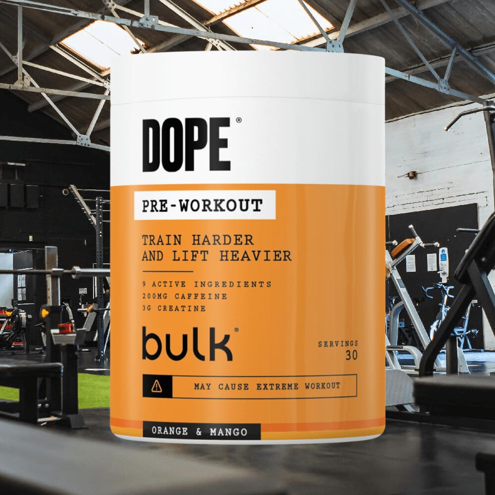 Bulk Pre-Workout Dope Powder | Orange & Mango | 3 g kreatyny na serwowanie, 200 mg kofeina, jabłczan cytruliny i arginina AKG, beta-alanina, energia, ostrość i wydajność, suplement 510g