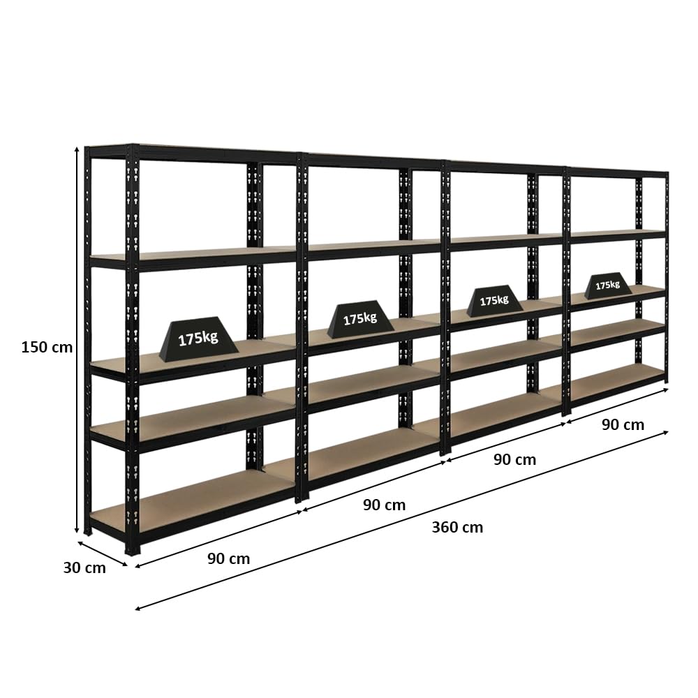 PROREGAL Mega Deal | 4X Étagère pour Charges Lourdes Apollo | HxLxP 150x90x30 cm | Charge Max. 175kg | Noir