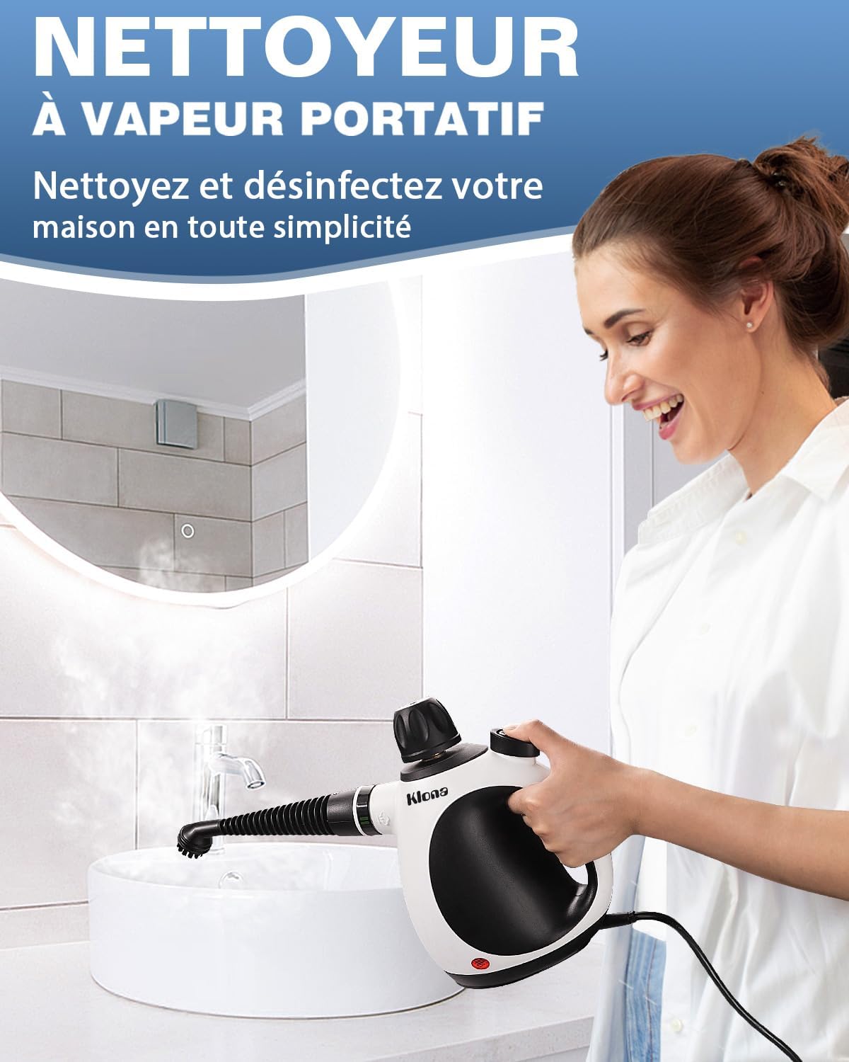 KLONA Nettoyeur Vapeur Portable, 1050W, Nettoyage Haute Température | pour Sols, Carrelage, Joints, Canapés, Cuisine, Salle de Bain | Sans Chimie | Serrure de Sécurité | avec 10 Accessoires