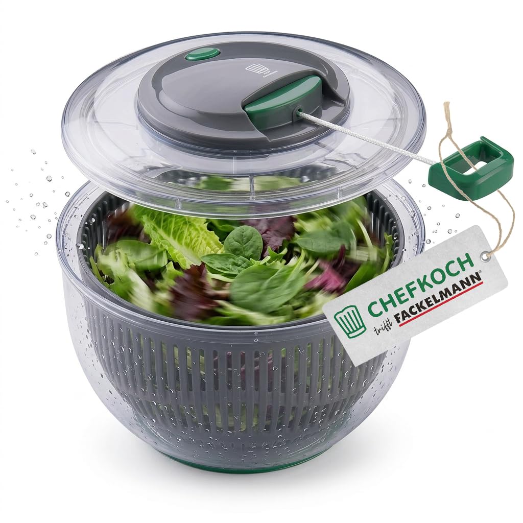 FACKELMANN ChefKoch, centrifuga per insalata con cavo e pulsante di arresto, per lavare, asciugare e servire insalata senza sforzo – Include pratica corda e colino rimovibile