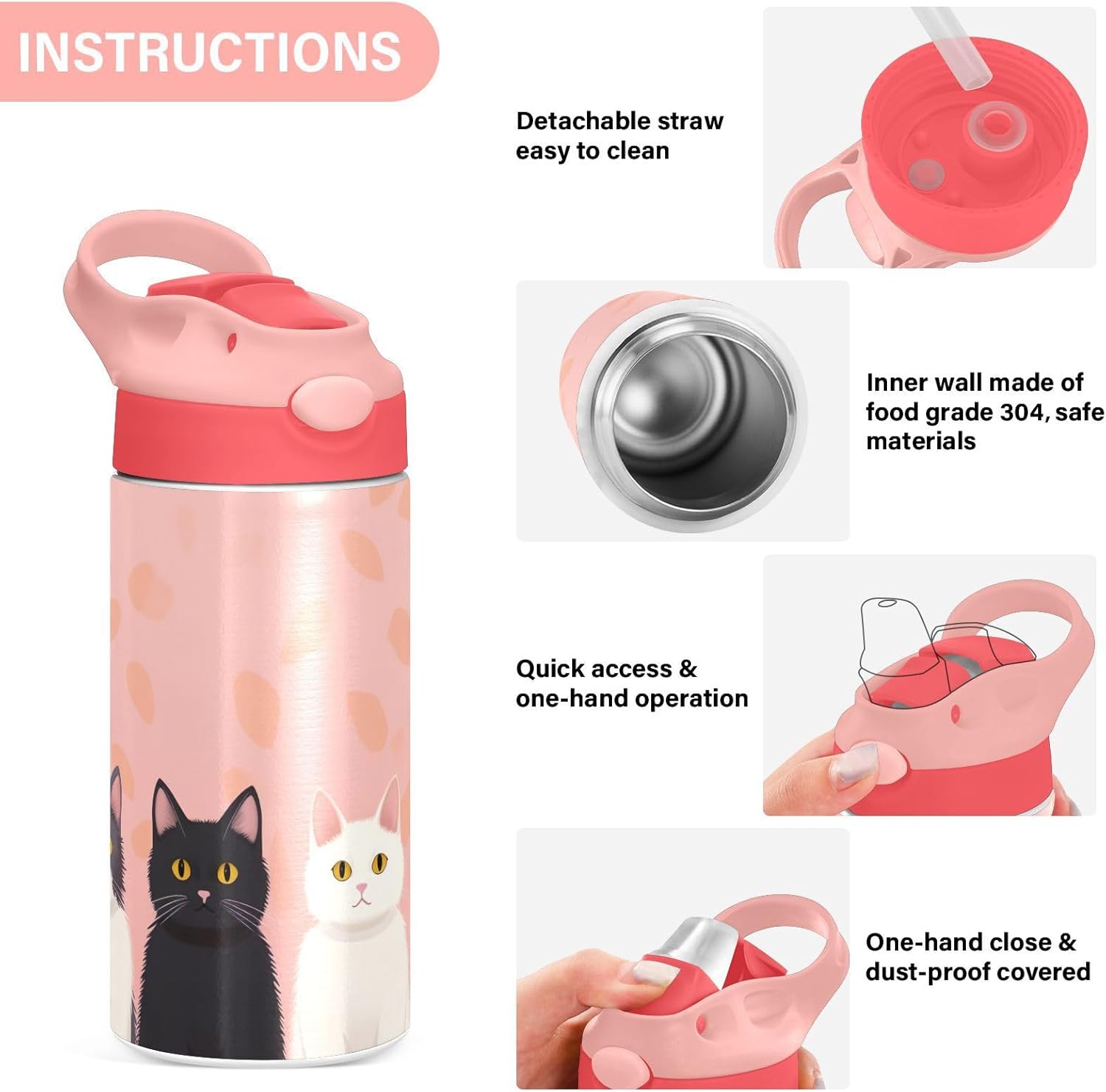 Cute Cat Kids Water Bottle, Insulated Stainless Steel Water Bottles with Straw Lid, 12 oz BPA-Free Leakproof Duck Mouth Tumbler for Boys Girls - Image 5