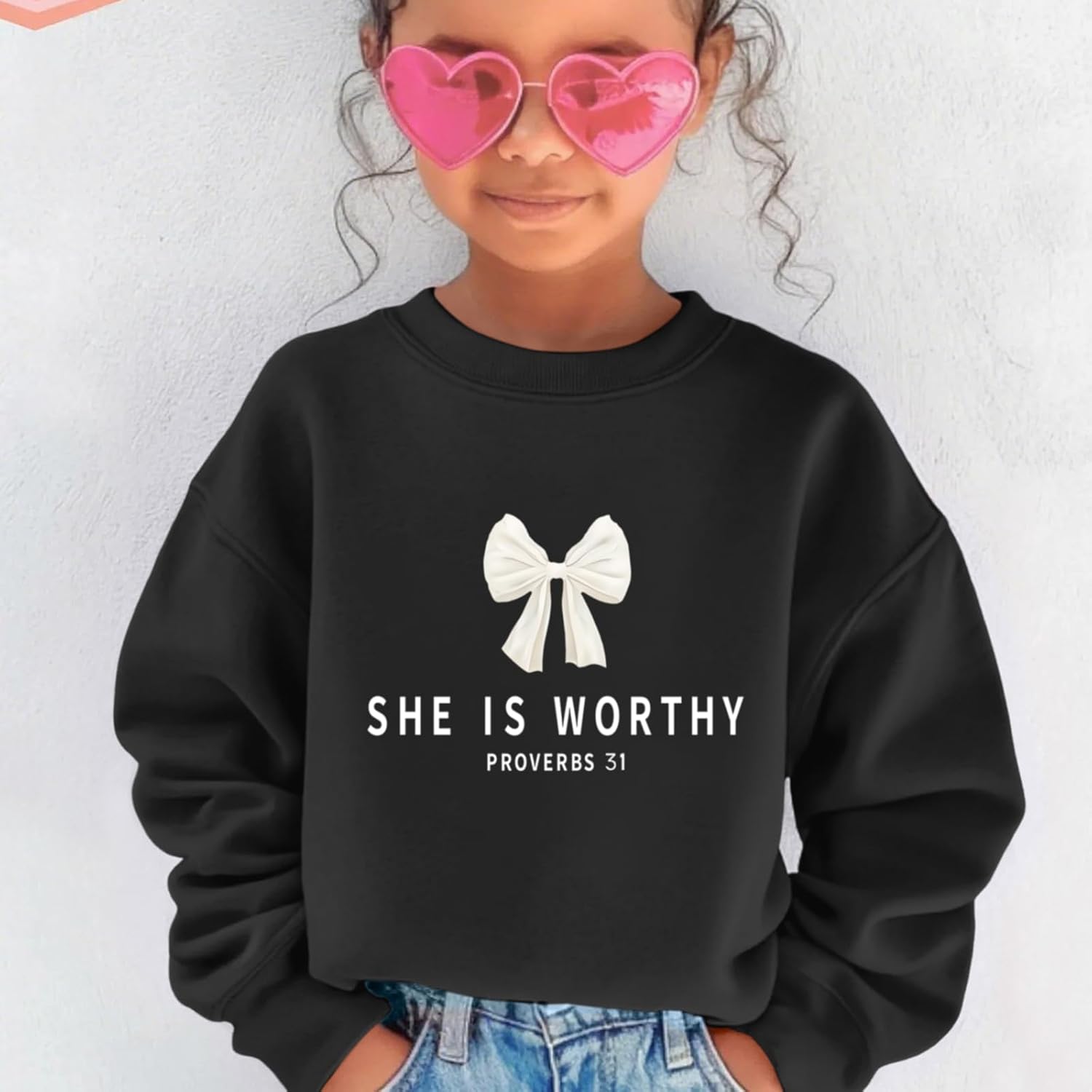 KEEVICI Girls Christian Bow Graphic Sweatshirt Cute Jesus Sweatshirts For Kids Religious Bible Verse Faith Long Sleeve Shirts - Image 3