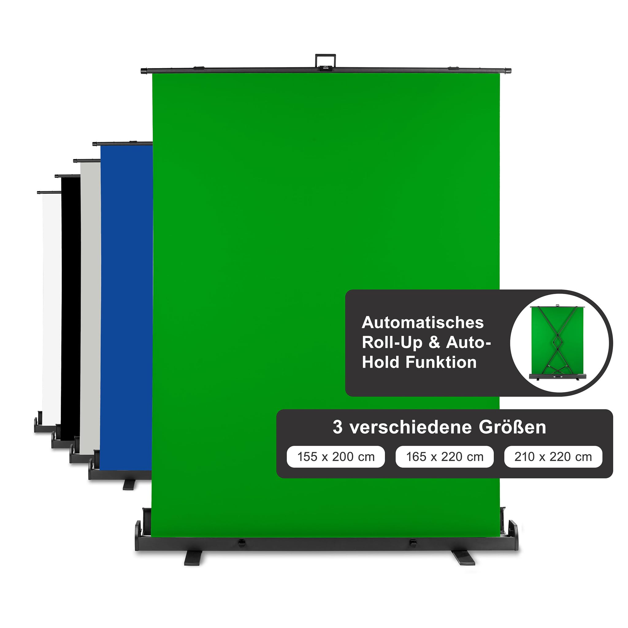 Walimex pro Roll-up Panel Hintergrund grün 165 x 220 cm, Greenscreen Fotohintergrund mit Transportbox, Hintergrundsystem für Fotostudio, knitterfreie Fotoleinwand ideal für Chromakeying