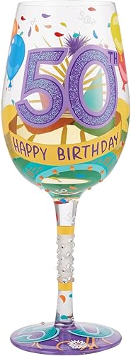Miniatura 2 de Enesco Designs by Lolita Happy 50th Birthday - Copa de vino artesanal pintada a mano, 15 onzas, multicolor