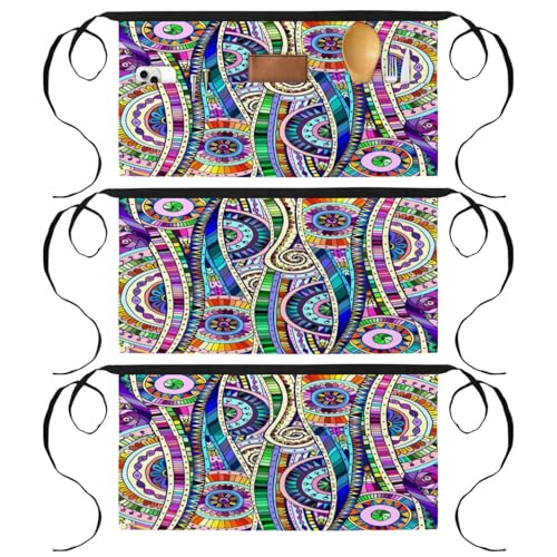 Lot de 3 tabliers courts Mandala multicolores avec 3 poches pour cuisine
