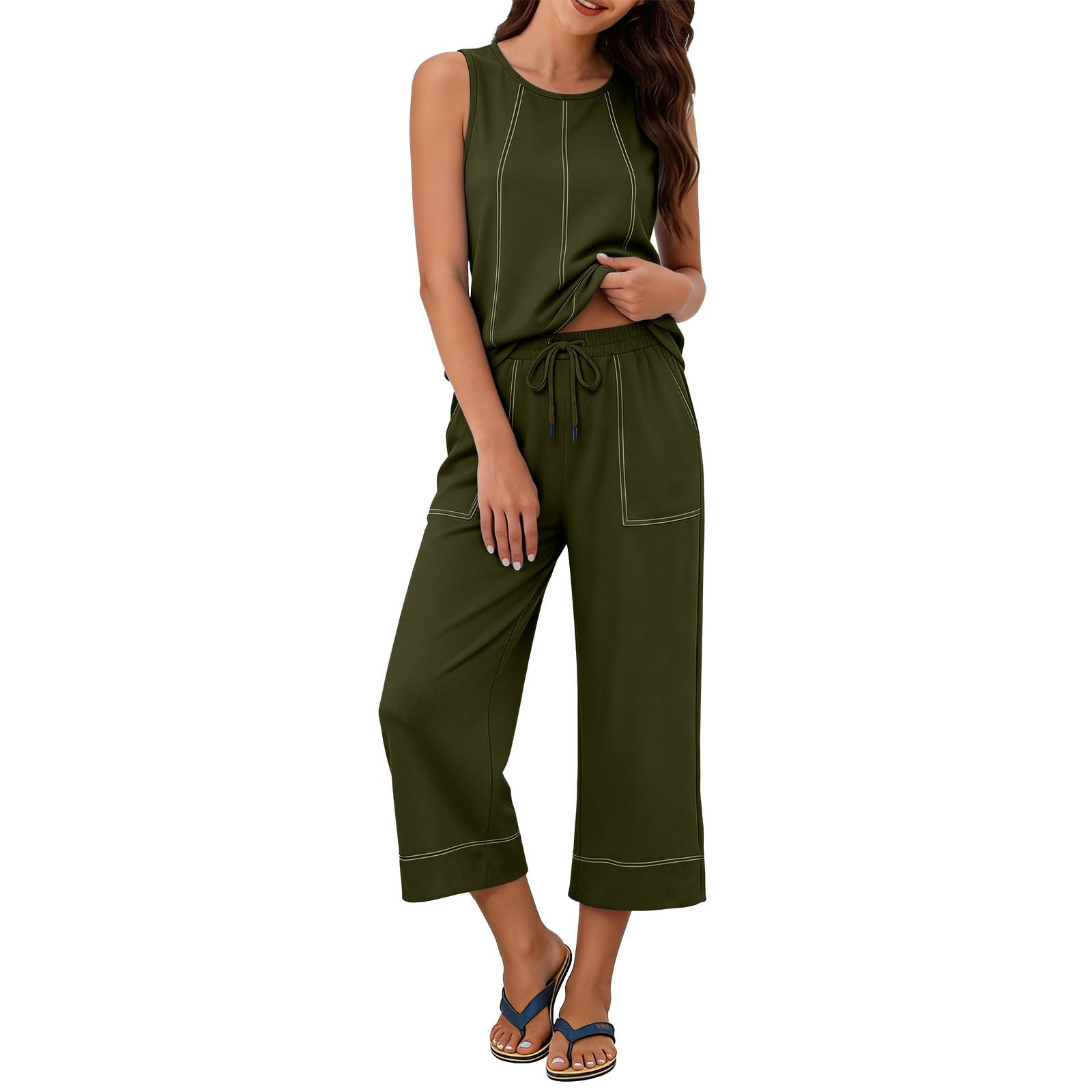 Traje de verano de dos piezas para mujer, sin mangas, monocolor, ropa de ocio, cómodo conjunto de camiseta y pantalones