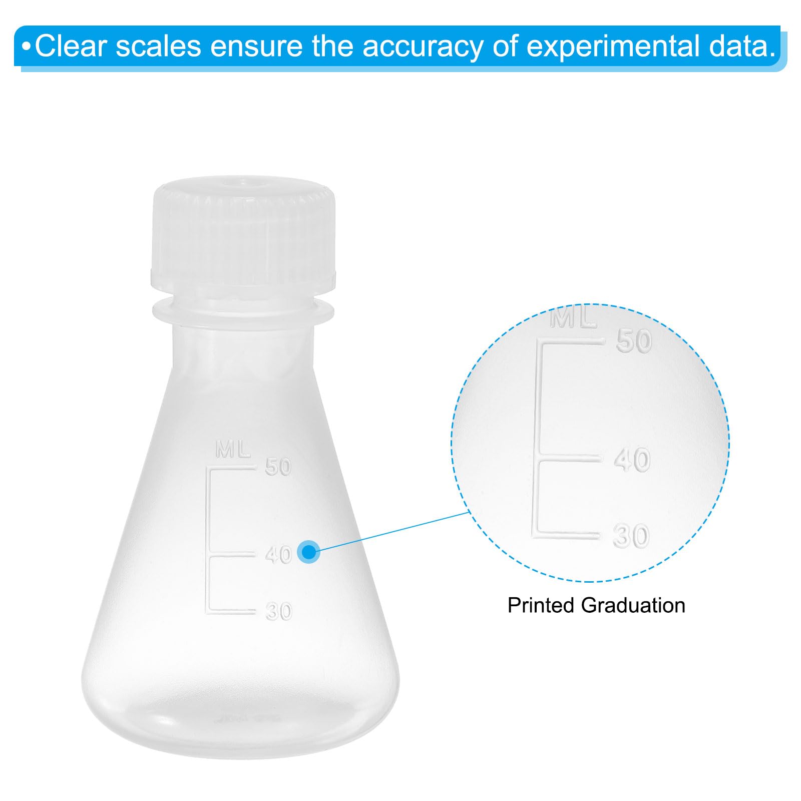 PATIKIL Matraz Erlenmeyer 3 Pcs 50Ml 125Ml 250Ml Matraces Graduados de Boca Estrecha con Tapa de Rosca Matraces de Plástico con Graduación Impresa para Laboratorio Experimentos