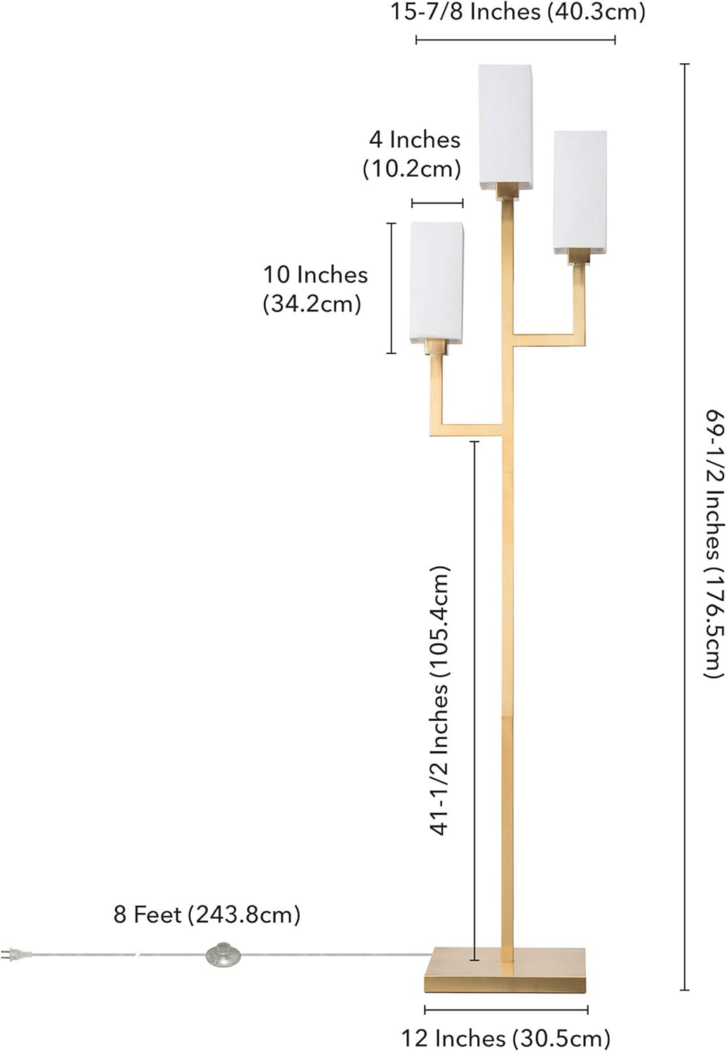 Brass 3-Light Torchiere Floor Lamp with Tube-Shaped Shades