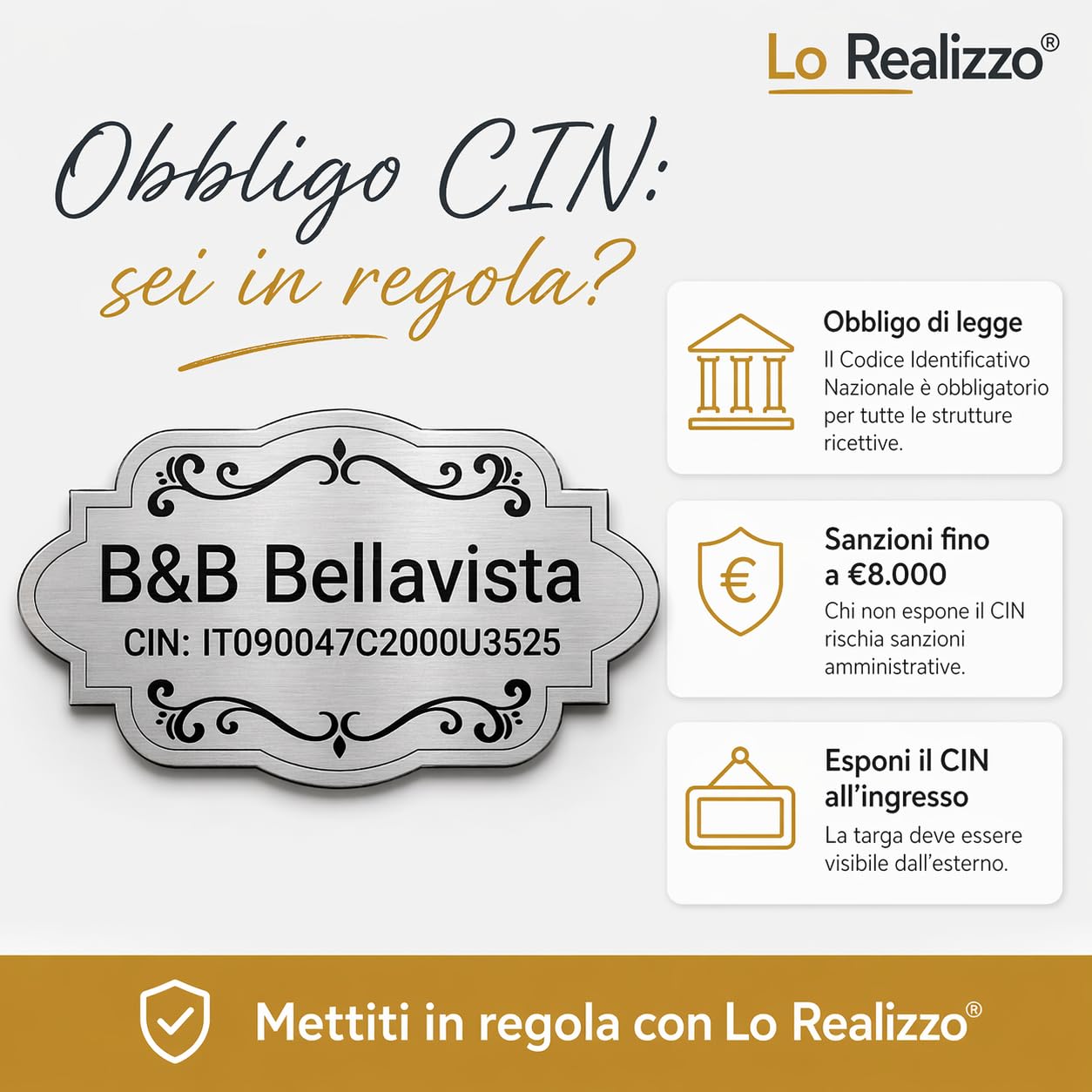 Targa Personalizzata Casa Vacanze CIN (15x8,5 cm) Targhetta Porta Ingresso Esterno B&B Affittacamere Agriturismo Incisione Laser Indelebile Targhette Personalizzate Strutture Ricettive – Lo Realizzo®