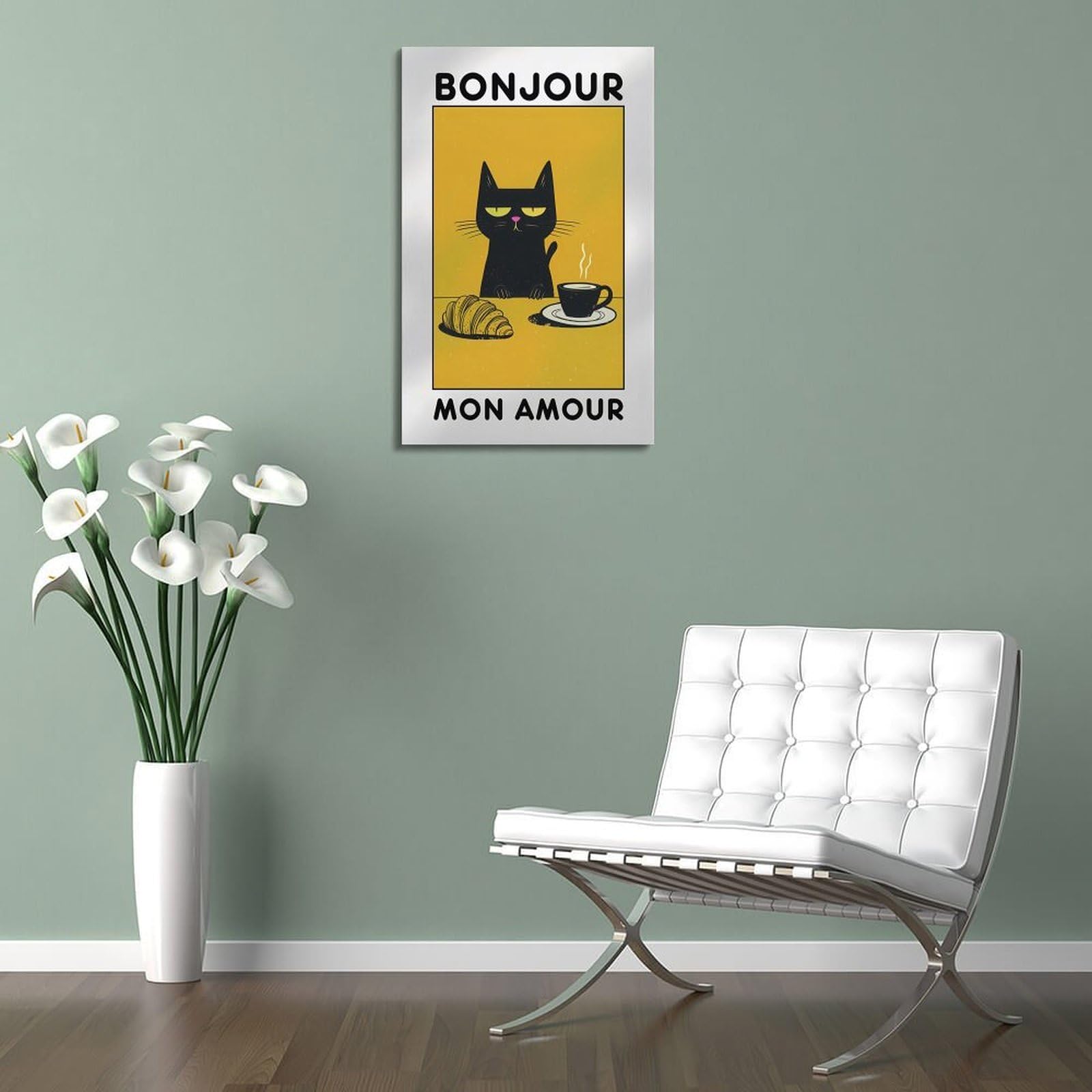 2 Toiles Art Chat Noir Bonjour Mon Amour 50x70cm - Décoration Murale Rétro Mignonne