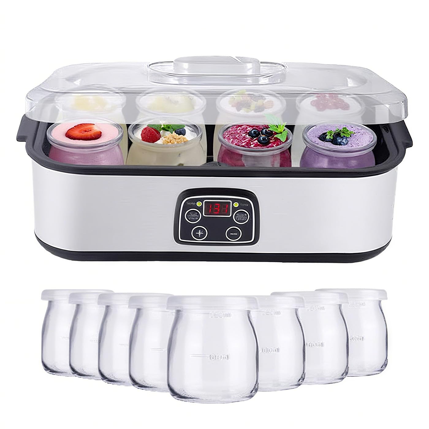 Elektromaszyna do jogurtu z 8 szklanymi słoikami, automatyczna maszyna do jogurtu 1400ML z wyświetlaczem LED, regulowana temperatura i timer, do domowego jogurtu/natto/wina ryżowego/fermentacji