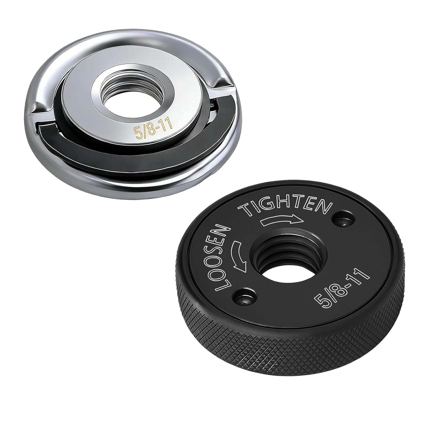 5/8"-11 Angle Grinder Flange Nuts 2-Pack, Tool-Free Quick Change Lock Nut Set – Silver D-Ring & Black Knurled Nut for 4-1/2" 5" 7" 9" Grinders, No Wrench Needed, Secure Flush Cuts