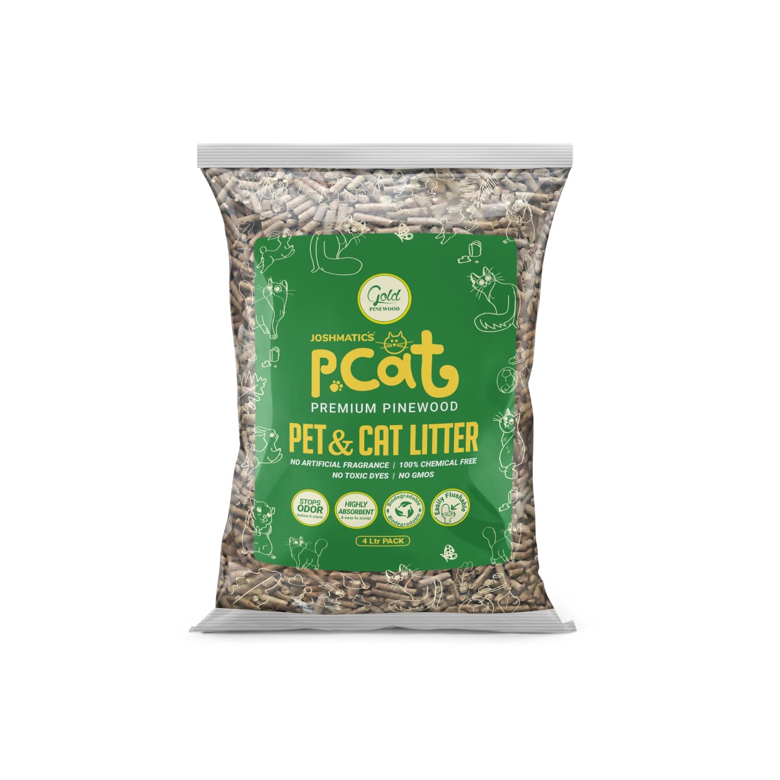 JOSHMATIC'S PCAT 2Kg Pack Premium Pinewood Cat Litter | 100% Natural, Flushable & Biodegradable | Superior Odor Control | Dust-Free | Eco-Friendly & Compostable Wood Pellets Cats & Small Pet