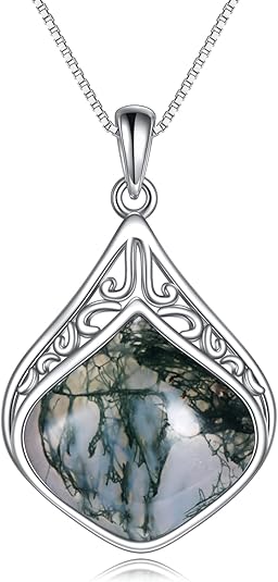 YAFEINI Teardrop Filigree Necklace with Moss Agate