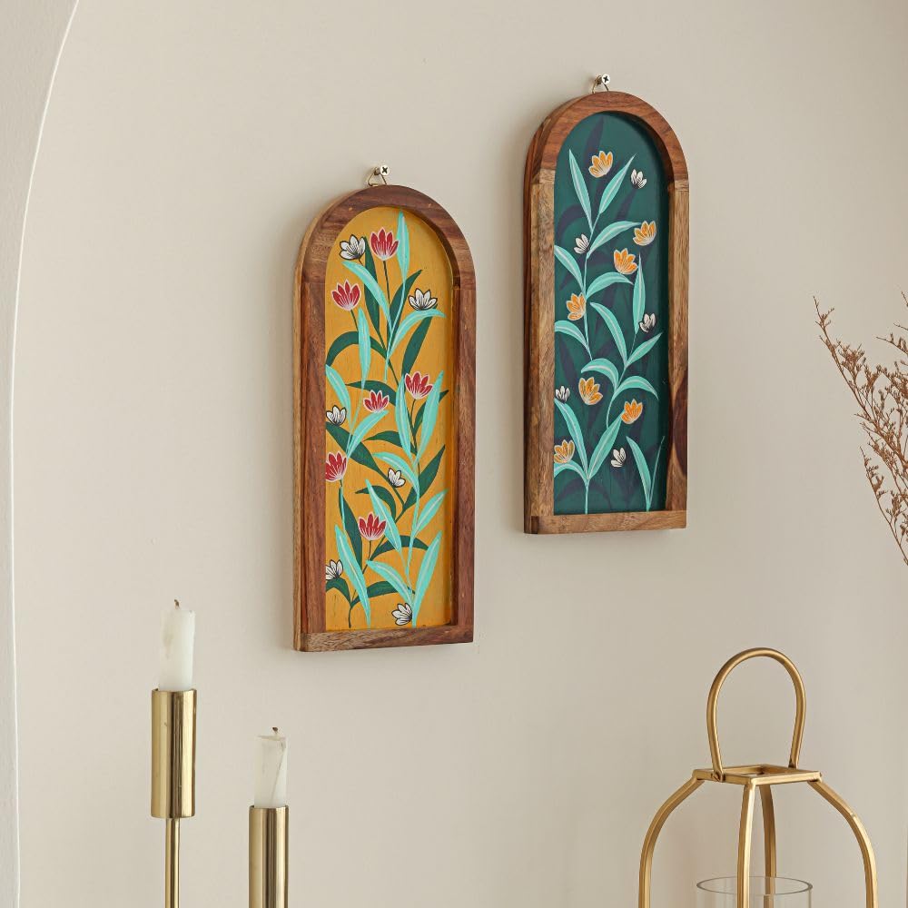 Mirai woods ® Dhanshree-Wall Plates Decor Hanging for Home | Living Room | Dining | Staircase Wall | Wall Hanging Plates | Hand Painted Solid Wood Vertcial Plates | Set of 2 | Size-5"x12"-picture-24
