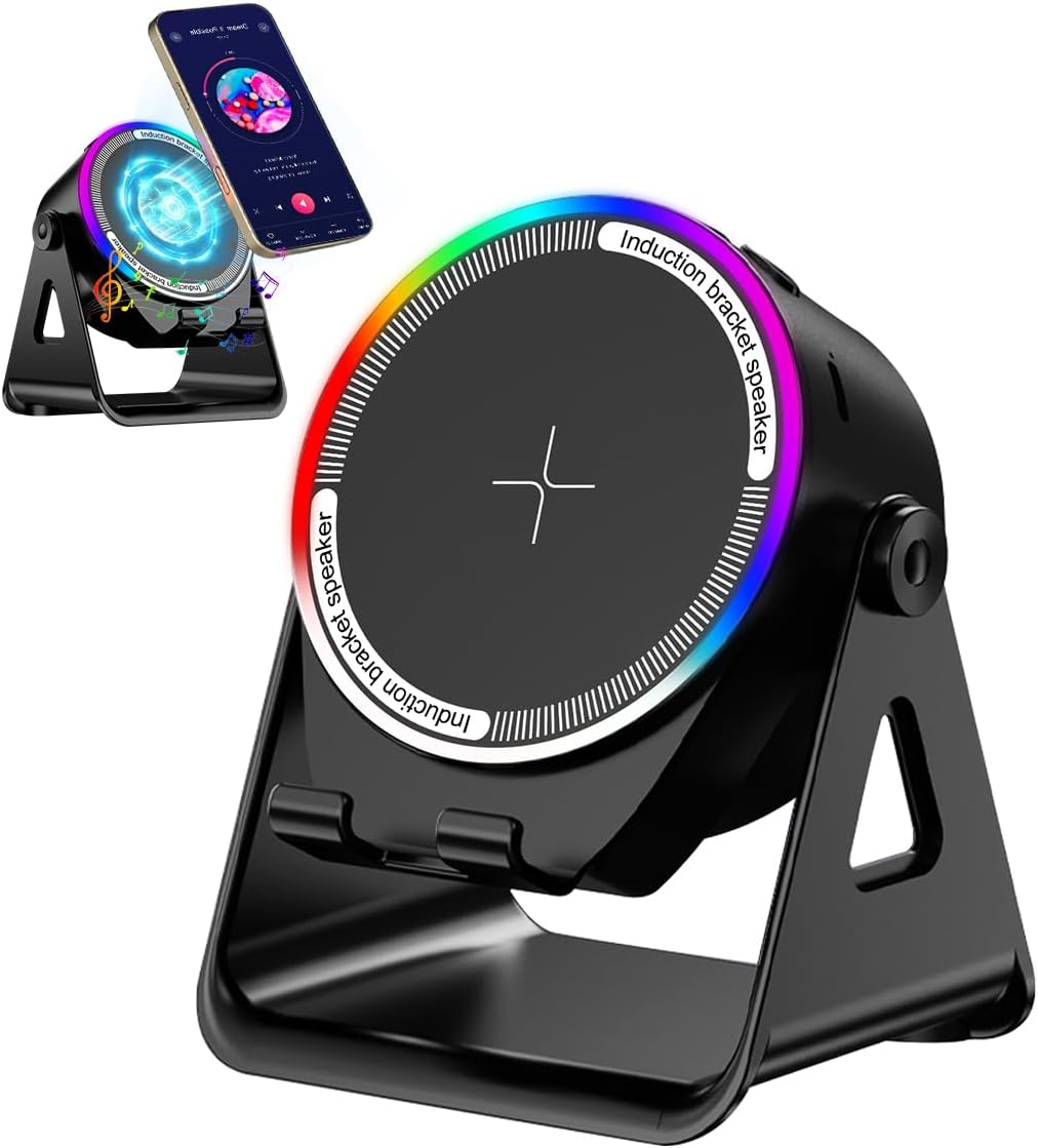 Bluetooth Speaker, 4-in-1 Wireless Induction Speaker & RGB Light Stand Multi-Functional Phone Stand Instant-Connect Stereo Sound, 360° Adjustable Holder for iPhone/Android/iPad/Samsung (Black)