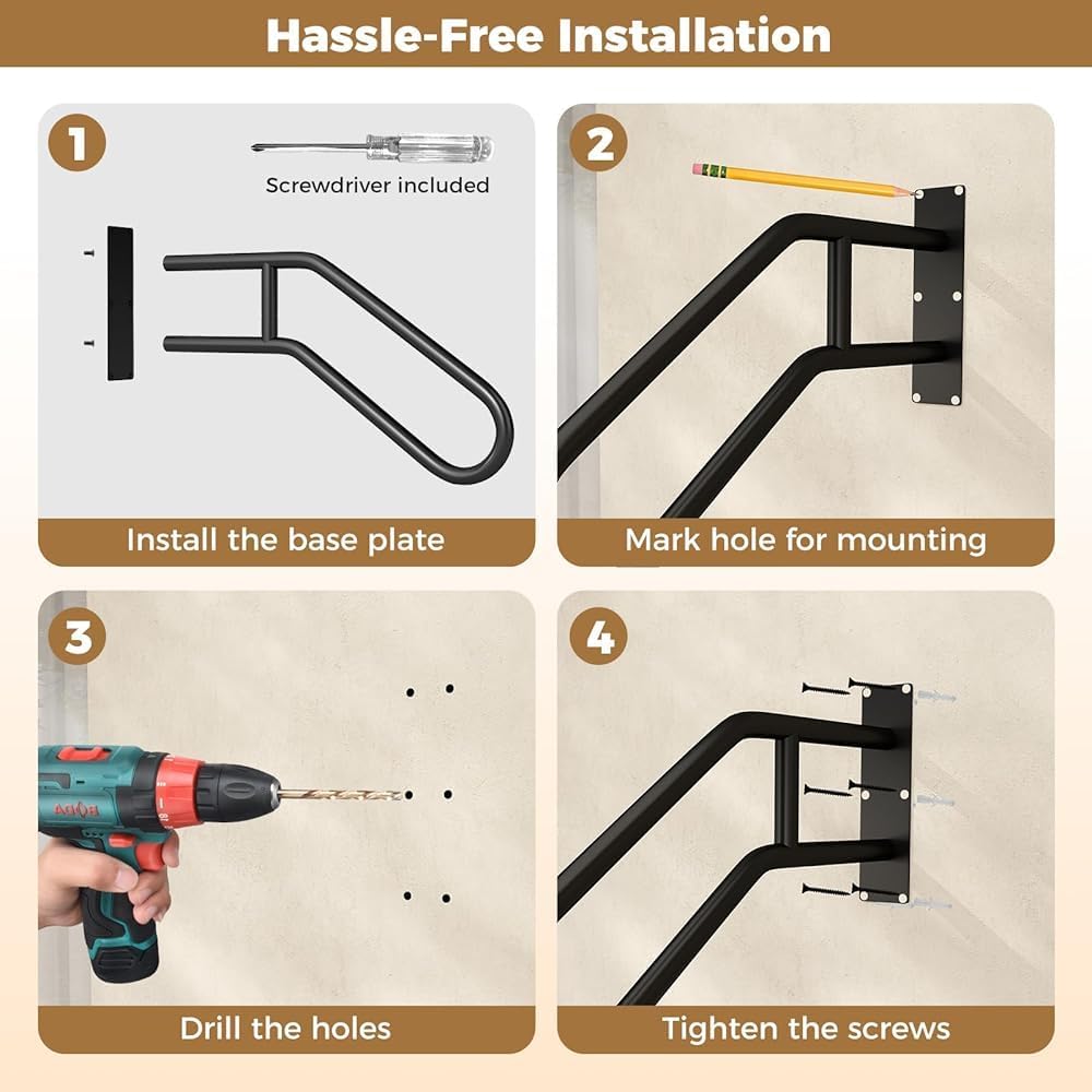 Wall Mount Step Handrail, Heavy-Duty U-Shape Safety Railing for 1-3 Steps, Indoor Outdoor Metal Grab Bar Stair Handrails for Pregnant Women Elderly Disabled ，Garage Railing