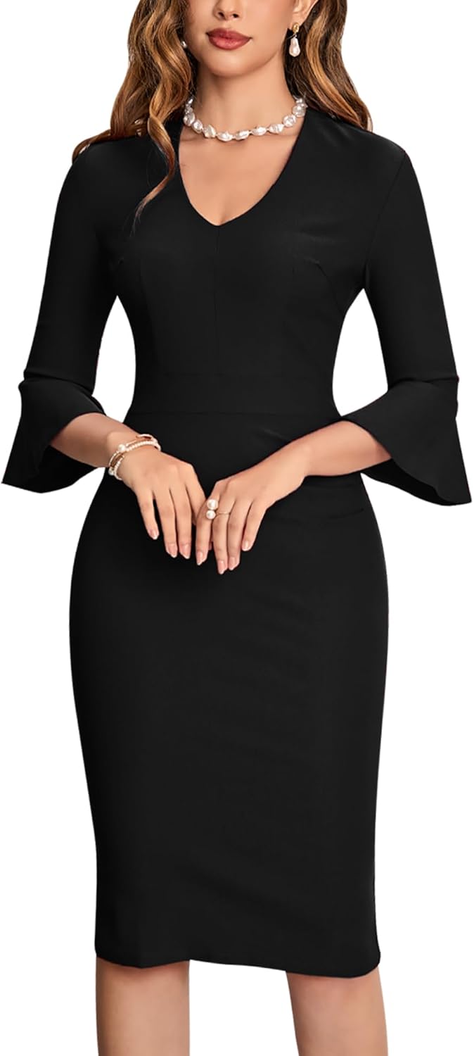 MUXXN Women's 50s Vintage 3/4 Sleeve Ruffled Sleeve V Neck Midi Business Formal Work Bodycon Pencil Dresses - Image 5