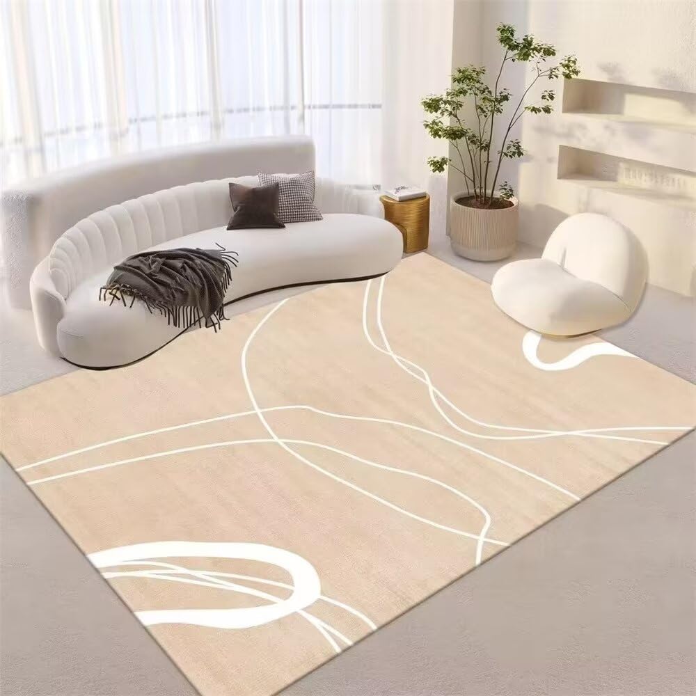 Tapis salle à manger lavable anti-tache à poil court beige jaune 100x150cm