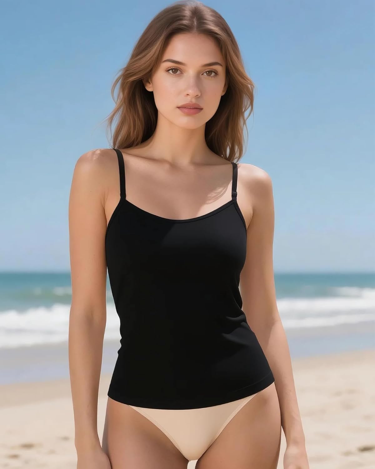 iMucci Camisole Tops for Women Double Lined Spaghetti Strap Tank Top with Adjustable Nude and Clear Bra Straps Silicone Pads - Image 8