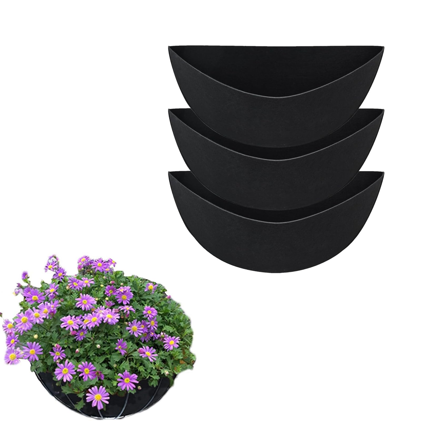 Lwxjjer Basket Liners, 3Pcs Half Round Planter Liner, 12/14/16 Inch Felt Flower Basket Liners, Black Wall Hanging Basket Felt Trough Liners for Wall Mounted Planters/Window Flower Baskets (12Inch)