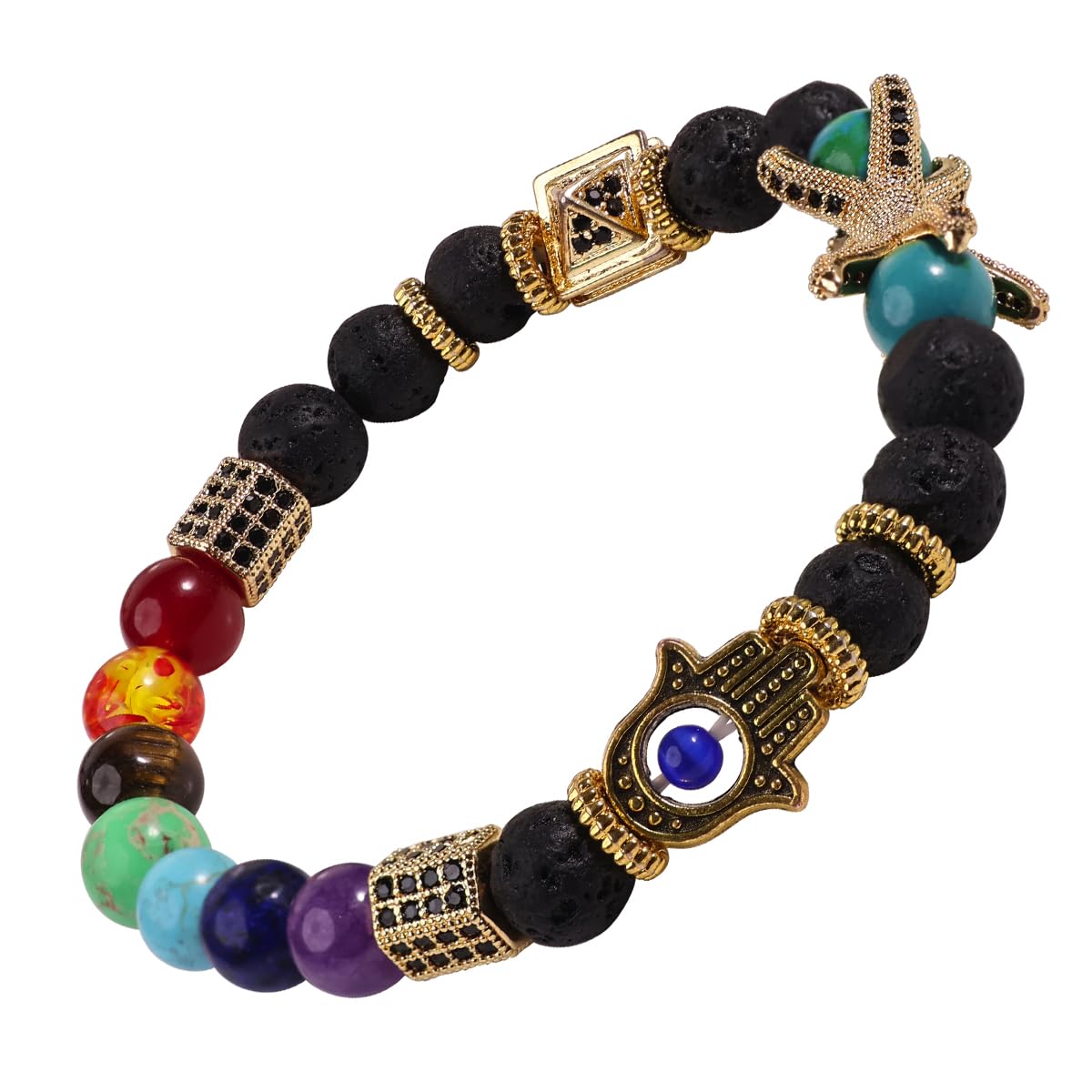 Shubhanjali Seven Chakra Lava Stone Humsa Hand Bracelets for Women Stylish 8 MM | Unisex Onyx 7 Chakra Lava Hamsa Evil Eye Bracelet for Man Elastic 1 Piece (B08KH7YJR3) Amazon Price History, Amazon Price Tracker