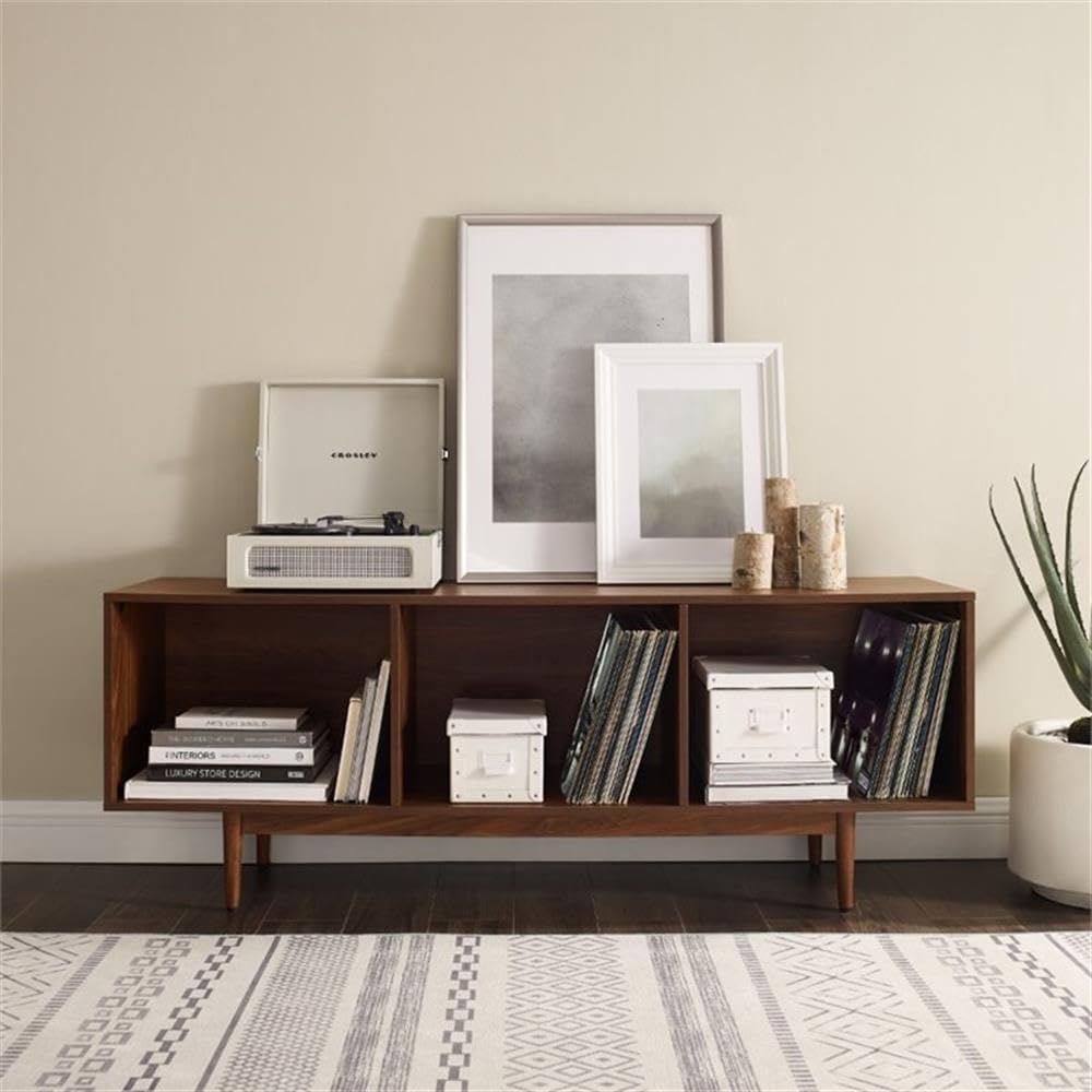Pemberly Row 60" Low Profile TV Stand, Walnut Finish, Mid-Century Modern Media Furniture with Tapered Legs, Adjustable Levels, 3 Divided Sections, Fits 65+ Inch TVs, Ideal for Living Room or Home Use
