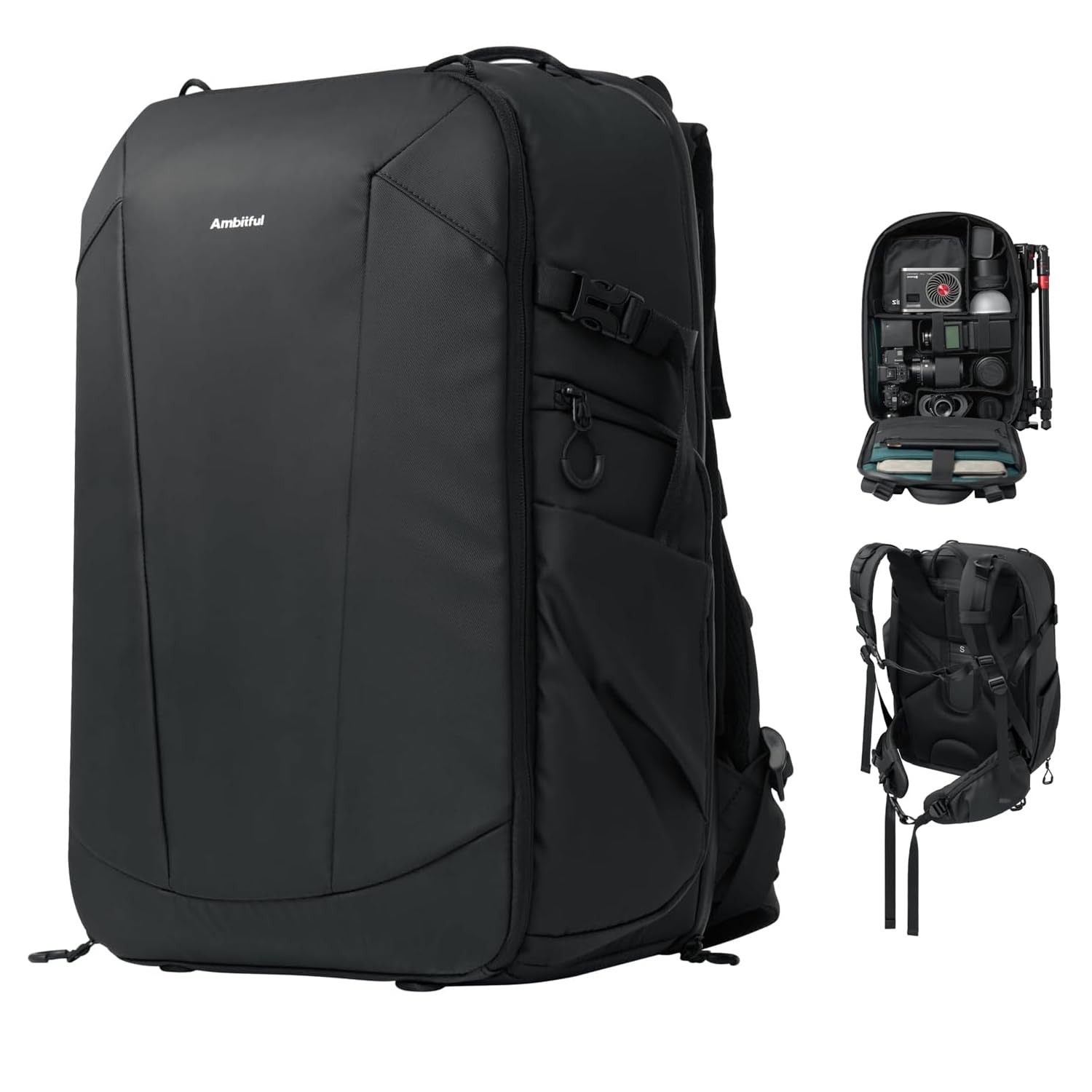 AMBITFUL Mochila grande para cámara DSLR/SLR sin espejo, ergonómica, suspendida, profesional, impermeable, con soporte para trípode y compartimento para laptop, color negro (25 L + 3 L, OM-28)
