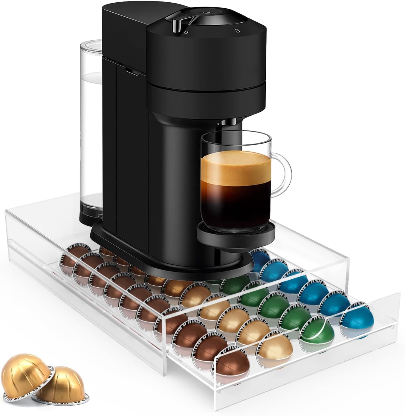 Jumyee Acrylic Coffee Pod Holder Storage Drawer, Clear 40 Pods Coffee Capsule Organizer for Countertop, Pod Holder for Coffee Pod and Espresso Machines