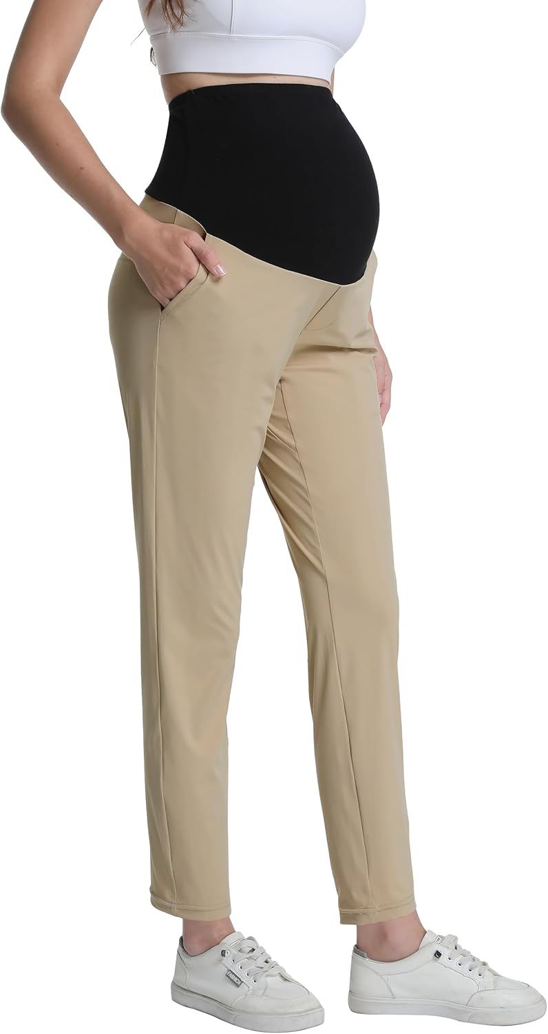 Maternity Pants Over The Belly Pregnancy Scrub Pants Dressy Golf Work Business Casual Ankle Slacks with Pockets (Khaki,L) - Image 2