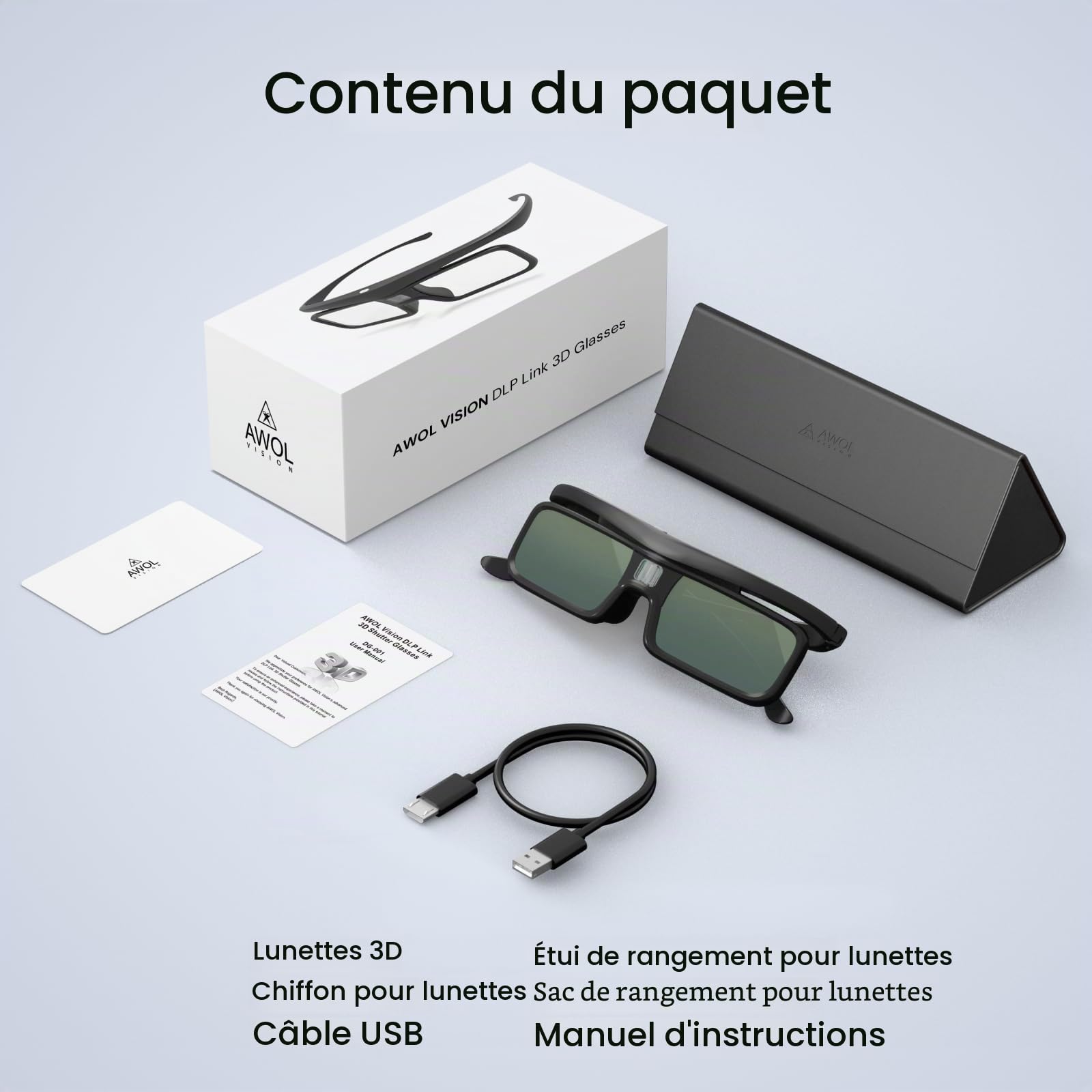 AWOL VISION Lunettes 3D DLP Link 3D, Lunettes Rechargeables à obturateur Actif compatibles LTV-2500, LTV-3500, Vanish TV et Autres Videoprojecteur DLP-Link 3D (2 Pack) (2)