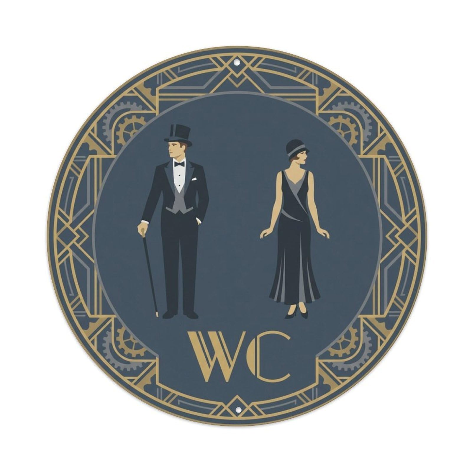 Navy Geometric Deco WC Restroom Notice Metal Tin Sign