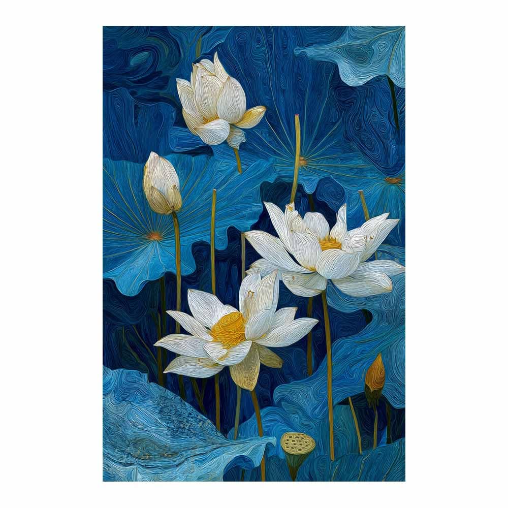 Xeniou Multicolor Flower Wall Art Canvas Whites Lotuses Painting Canvas Wall Art, For Living Room Bedroom Home Wall Decoration(Multicolor)-80X120cm Unframed