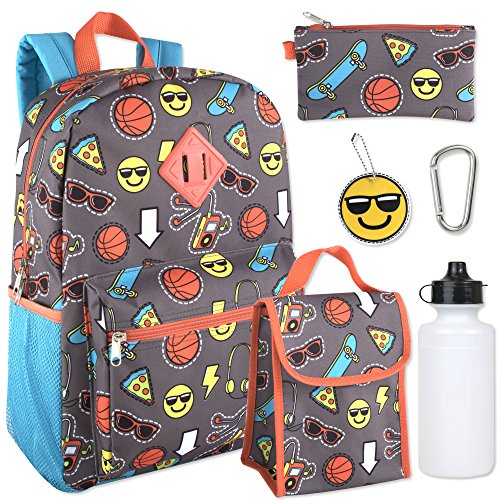 Boy's 6 in 1 Backpack Set With Lunch Bag, Pencil Case, Bottle, Keychain, Clip (Emoji)