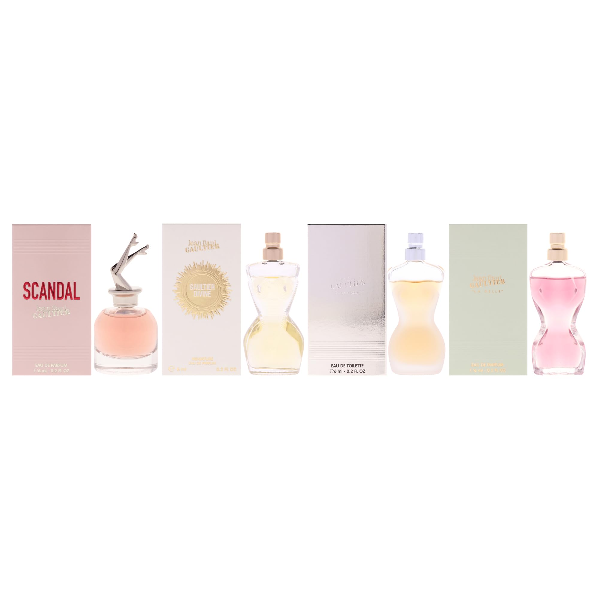 Jean Paul Gaultier Miniatures Set by Jean Paul Gaultier for Women - 4 Pc Mini Gift Set Scandal, Gaultier Divine, La Belle,All 3 in 0.2oz Classique EDT Spray in use