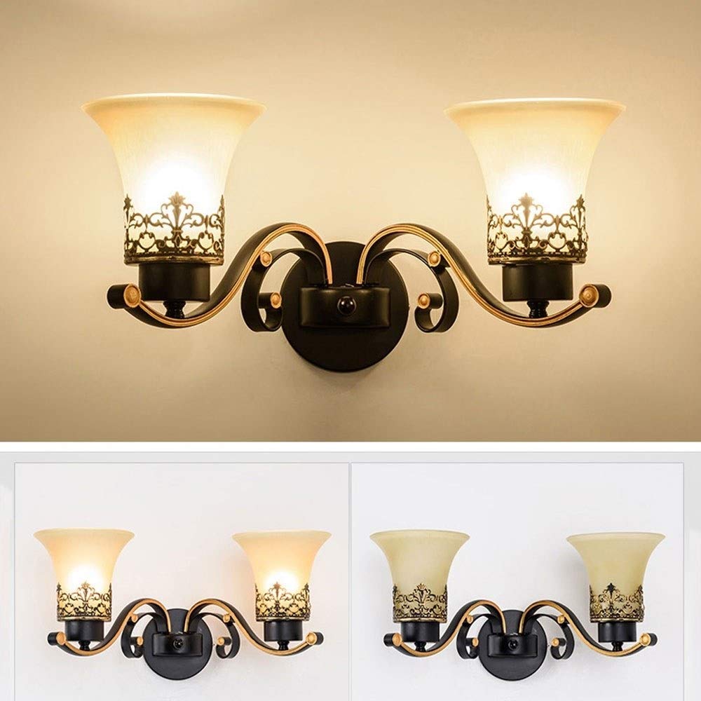 Wandlampe American Country Wohnzimmer Schlafzimmer Retro Wandleuchte Umgedreht Schlafzimmer Nacht Leselampe Vintage Muster Glas Hotelkorridor Eingebettete Wandleuchte Einzel-/Doppelkopf-Wandlaterne